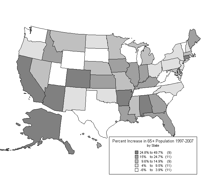 Figure 5 is a US state map showing the perent increase in the older population of each state. The data may be found in the table in Figure 6.