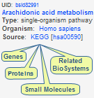Thumbnail image showing the types of data you can obtain for a metabolic pathway in the NCBI BioSystems database, including genes, proteins, small molecules, and related biosystems.  Click on image to read more about the BioSystems database.