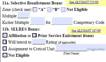 Block 11 has been expanded to permit entry of SELRES Enlistment/Affiliation Bonuses