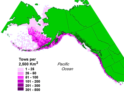 Map showing groundfish survey coverage, from California to the North Bering Sea