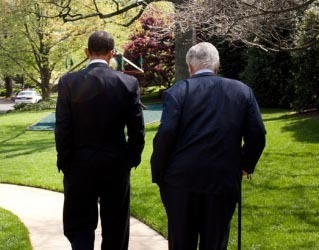 President Barack Obama and Senator Ted Kennedy walk on the grounds of the White House. White House Photo, Pete Souza, 4/28/09 