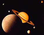 Montage of Saturn and its largest satellites.