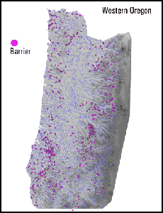 map of barriers showing the current extent of anadromy