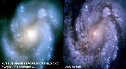 Color image showing the improved clarity of a galactic nucleus. Beofre is fuzzy. After shows crisp details.