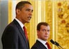 Presidents Obama and Medvedev answer questions July 6, 2009. Credit: AP Images.