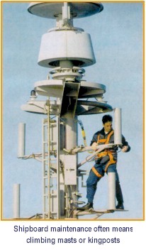 Shipboard maintenance often means climbing masts or kingposts.