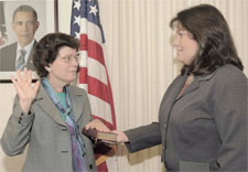Dr. Rebecca Blank is sworn in as Under Secretary for Economic Affairs by the Department of Commerce Office of Human Resources’ Denise Yaag on Tuesday, June 9.