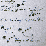 Black and white image of Galileo's journal with sketches of Jupiter and its moons.