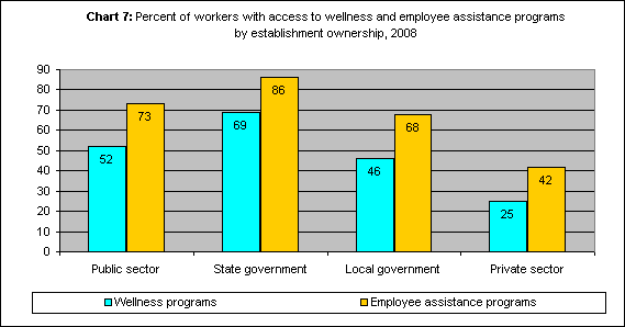 Chart 7: Percent of workers with access to wellness and employee assistance programs by establishment ownership, 2008