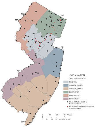 Figure 1. Map of New Jersey showing location of current and planned gages that transmit "real-time" stage data.