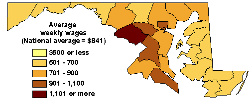 Map of Average Weekly Wages in Maryland