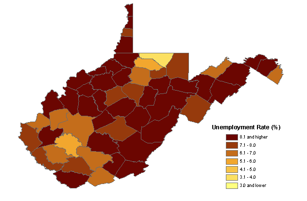 Unemployment rates in West Virginia by county, March 2009