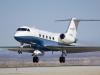 NASA's Gulfstream-III research testbed lifts off the Edwards AFB runway on an envelope-expansion flight test with the UAV synthetic aperture radar pod.