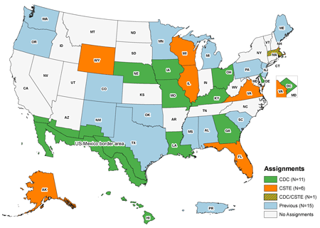 CDC Sponsored MCH Epidemiologists–—FY 2009 map for past sponsored and presently sponsored states