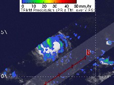 TRMM satellite indicates bands of moderate rainfall near her center.