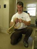 Christopher Melder, a contract wildlife biologist at Fort Polk, handles a wild Louisiana pine snake at the environmental office. Photo credit: Angie Thorne/Fort Polk