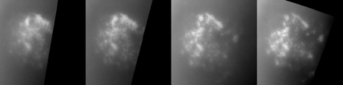 This five-hour sequence of images, acquired on July 2, 2004, illustrates              the evolution of a field of what appear to be methane clouds near Titan's south pole.