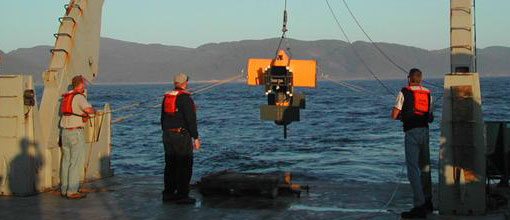 Researchers gathering ocean data during a GLOBEC research cruise.