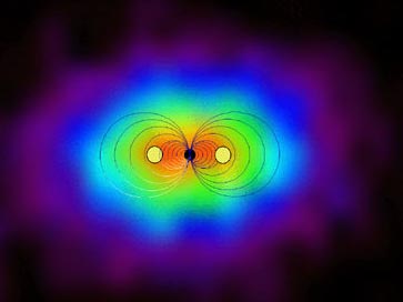 Color image of magnetosphere surrounding Jupiter.