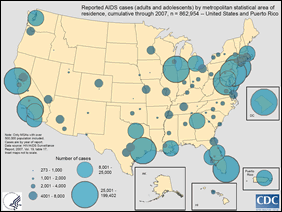 Slide 10: Reported AIDS cases (adults and adolescents), by metropolitan statistical area of residence, cumulative through 2007, n = 862,954 — United States and Puerto Rico

While the Miami metropolitan statistical area (MSA) and the Los Angeles MSA have over 50,000 cases each, the New York City MSA has by far the largest number of cases with 199,402.  Generally speaking, the numbers of cases are clustered in the Northeast; however, keep in mind that MSAs with over 500,000 people are also clustered in the Northeast.