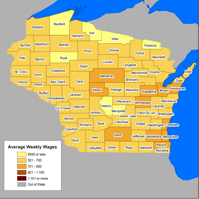 Chart 1.  Average weekly wages by county in Wisconsin, third quarter 2008