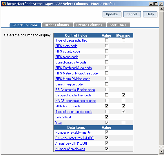 Select Columns dialog