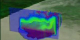 Surfaces of constant precipitation density colored by ground rainfall amounts for a storm over Houston on February 10, 1998, as measured by TRMM.  The intense precipitation front in clearly visible in red.