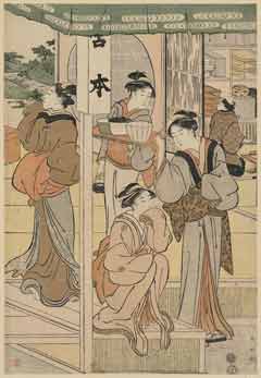 Color print of japanese ladies in kimonos.