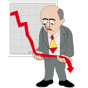 A businessman holding a red arrow falling off a chart