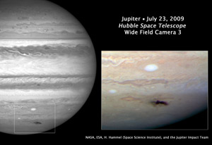 This Hubble picture, taken on July 23, by the new Wide Field Camera 3, is the sharpest visible-light picture taken of the atmospheric debris from a comet or asteroid that collided with Jupiter on July 19.