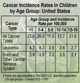 Chart: Cancer Incidence Rates in Children by Age Group: United States. Age Group and Incidence Rate per 100,000. All Cancer Types -- age <1: 23.6; ages 1-4: 20.3; ages 5-9: 11.2; ages 10-14: 12.7; ages 15-19: 21.6. Leukemia -- age <1: 4.3; ages 1-4: 8.3; ages 5-9: 3.5; ages 10-14: 2.8; ages 15-19: 2.7. Brain and other Central Nervous System -- age <1: 3.4; ages 1-4: 3.9; ages 5-9: 3.2; ages 10-14: 2.5; ages 15-19: 2.1.
