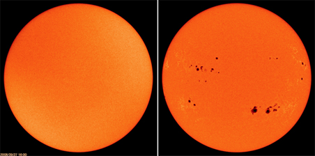 A photo of the sun taken Sept. 27, 2008 (left) and Sept. 27, 2001 (right).