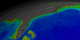 This animation begins with a wide shot of the United States and zooms down to the Eastern seaboard of the United States while cycling through nearly ten years of SeaWiFS biosphere data.