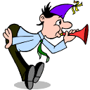 Man wearing a party hat and blowing a horn