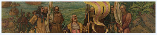 [Detail] Image of Columbus kneeling on the shoreline of the new world, America.
