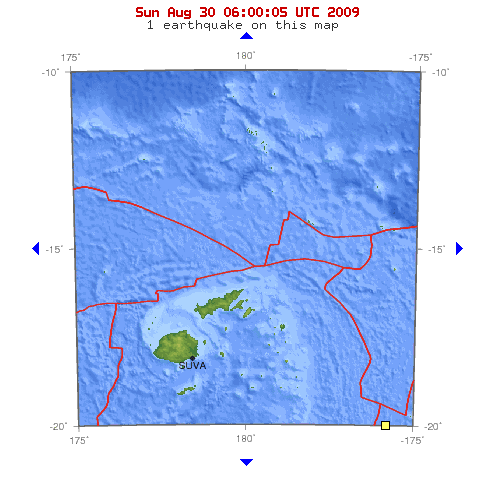 10-degree map showing recent earthquakes