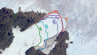 The calving front lines from 2001 through 2006 are shown over the Landsat image from 08/06/2006.