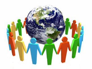 People holding hands around world
