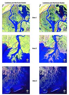 The images on the left are from Aug. 30, 2008 and images on the right are from Oct. 1, 2008, a month after Hurricane Gustav made landfall near Houma, LA on Sept. 1.