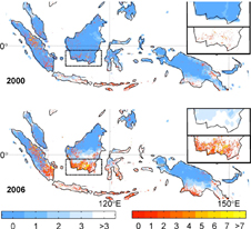 map showing Borneo fires in 2000 and 2006