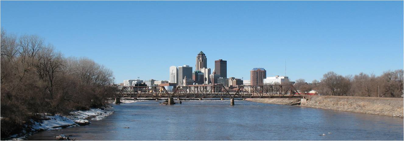 Photo of Des Moines river and downtown Des Moines.