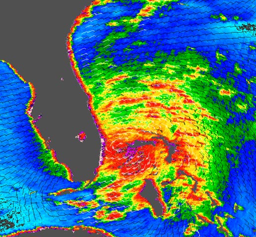 QuikSCAT image taken Aug. 25, 2005, of Tropical Storm Katrina as it nears Florida