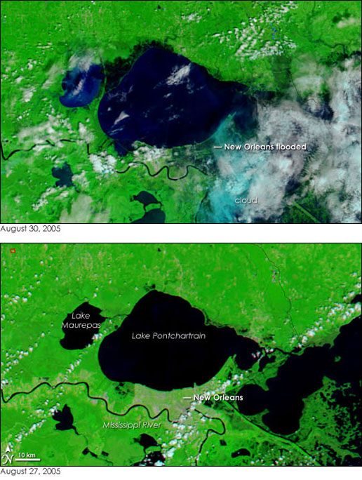 Terra's MODIS instrument captured these before and after images of Lake Pontchartrain near New Orleans on August 27 and August 30.