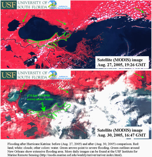 The first image shows the same area before Katrina hit, showing red throughout New Orleans. The second image was captured on August 31, 2005, showing large areas of New Orleans and the adjacent Gulf Coast inundated with water.