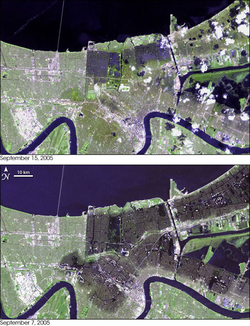 These two images show New Orleans a week apart during the water pumping effort.