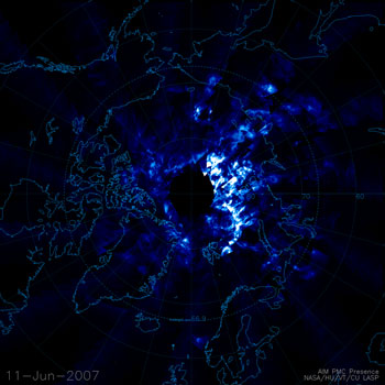 This image shows some of the first data returned from AIM, documenting noctilucent clouds located over the Arctic.
