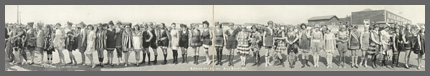 Panoramic group portrait of women in bathing suits