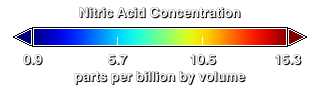  Color scale for nitric acid concentration. Values shown range from 0.9 to 15.3 ppbv (parts per billion by volume).
