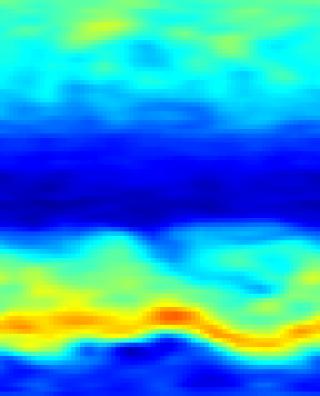 This animation shows nitric acid (HNO3) in the atmosphere from August 13 through October 15, 2004. Red represents high concentrations; blue represents low concentrations. The spatial resolution is low: each pixel covers an area of 5 degrees longitude by 2 degrees latitude, so the entire world (except for 1 degree at each pole) is covered by the 72x89 pixel images.
