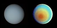 These two pictures of Uranus, one in true color (left) and the other in false color, were compiled from images returned Jan. 17, 1986, by the narrow-angle camera of Voyager 2.